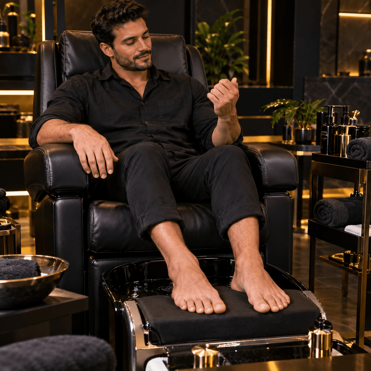 Cena ilustrativa de cuidado masculino para mãos e pés em ambiente preto e dourado