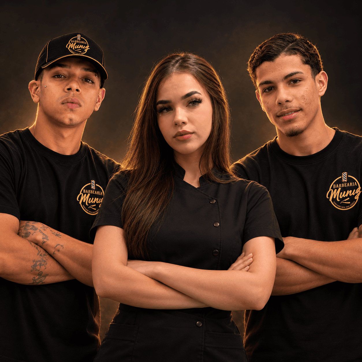 Rafael à esquerda, Giovanna ao centro e Tiago à direita, novos profissionais da Barbearia Muniz