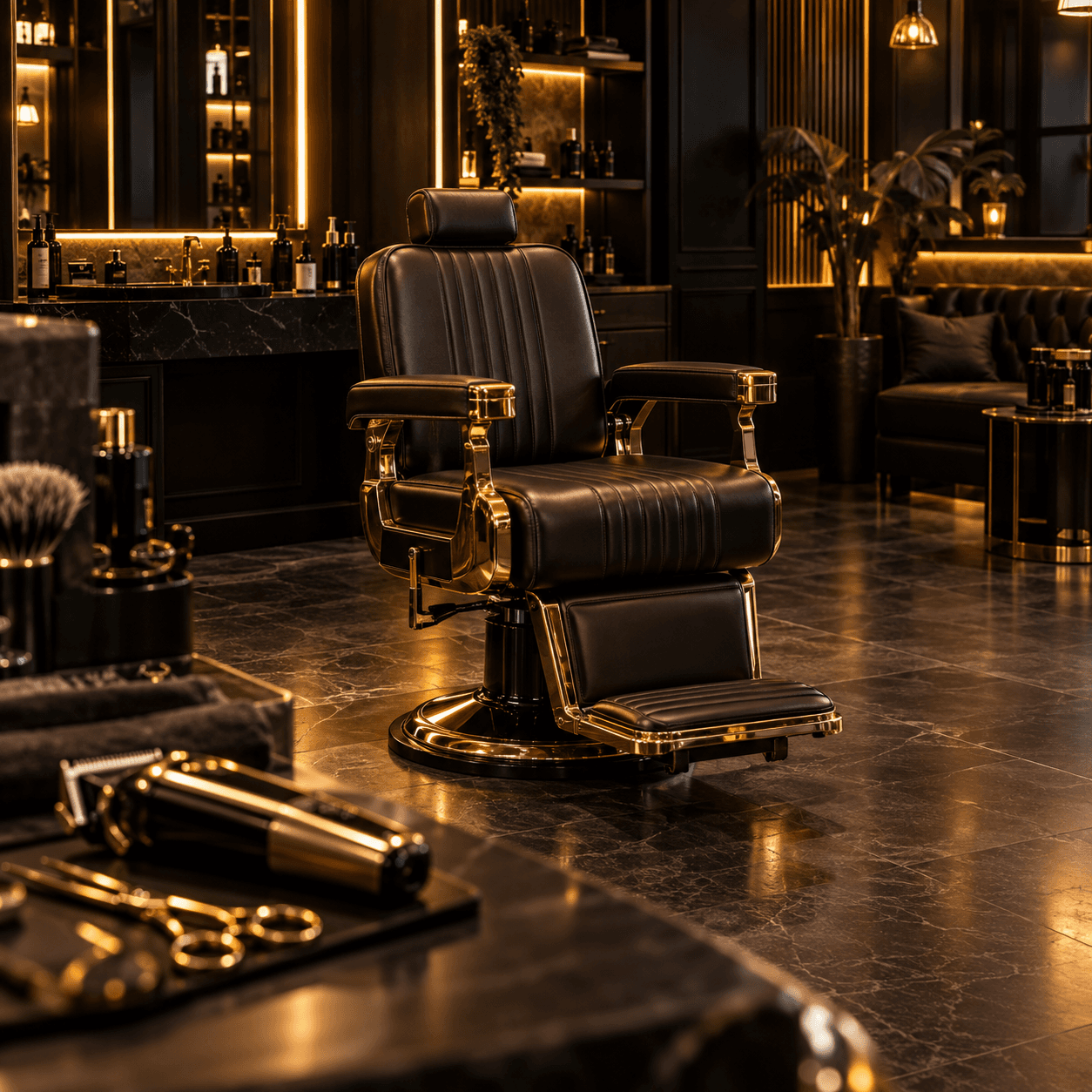Cena ilustrativa de uma cadeira de barbearia em ambiente sofisticado preto e dourado